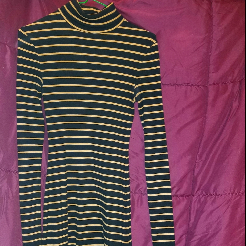 Black and gold striped turtleneck dress